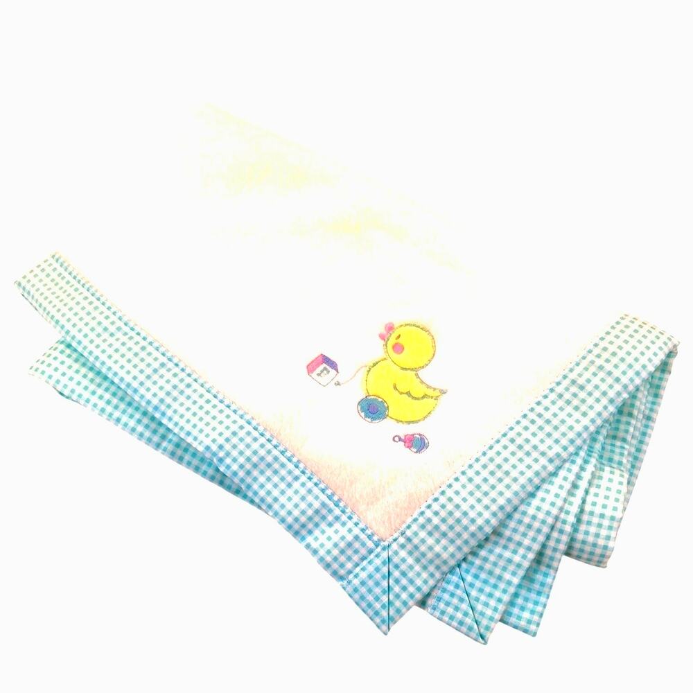 Baby Blanket Cuddle Time White Aqua Check Trim Chick Vtg